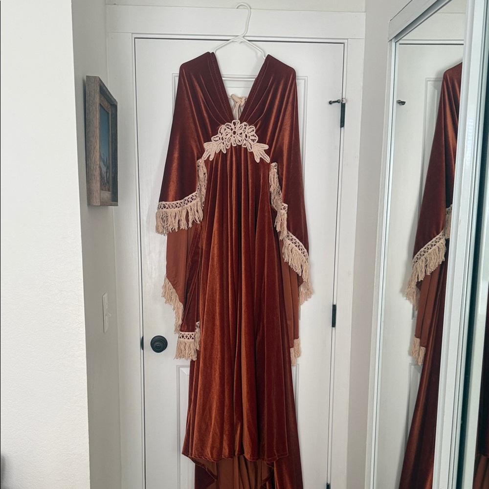 Reclamation dress Elegant Rust Velvet Gown with Lace Trim - Picture 9 of 11